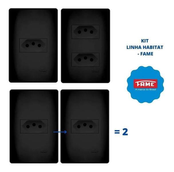 Imagem de Kit Com 4 Tomadas Preta 2P+T 10A e 20A 250V com placa Habitat Black - Fame