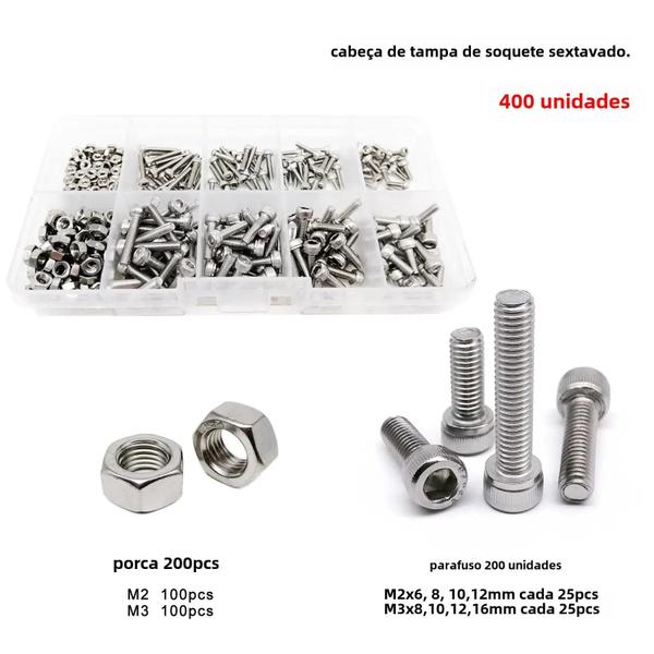 Imagem de Kit com 400 Parafusos Allen de Cabeça Sextavada M2 M3 - 10 Tamanhos - Aço Inoxidável 304