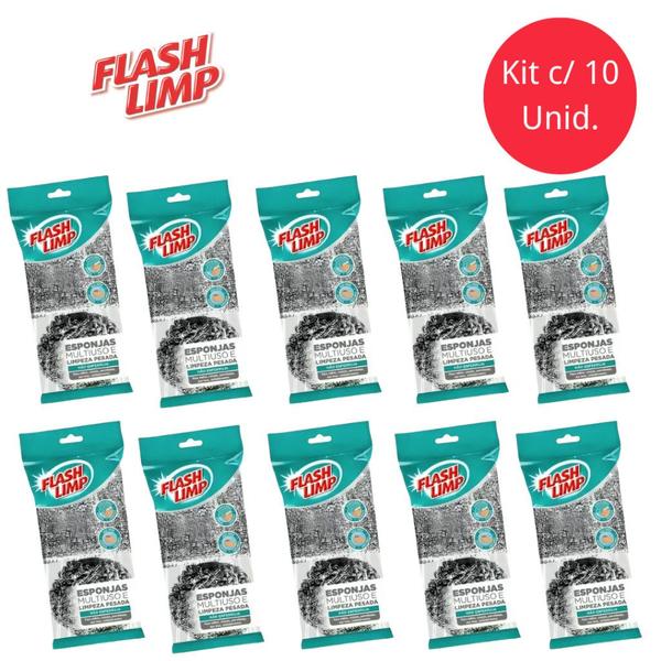 Imagem de Kit com 5/10 Esponjas de Aço 2 Peças Limpeza Pesada Multiuso  Flash Limp