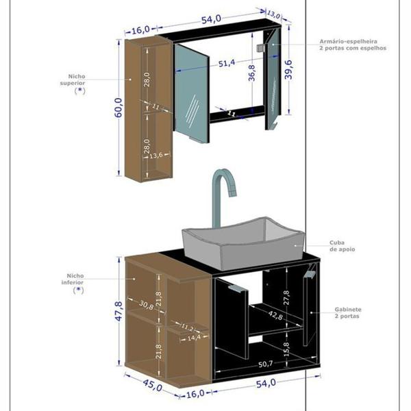 Imagem de Kit com 5 Gabinetes com Cuba e Espelheira Ibiza Branco/Naturale