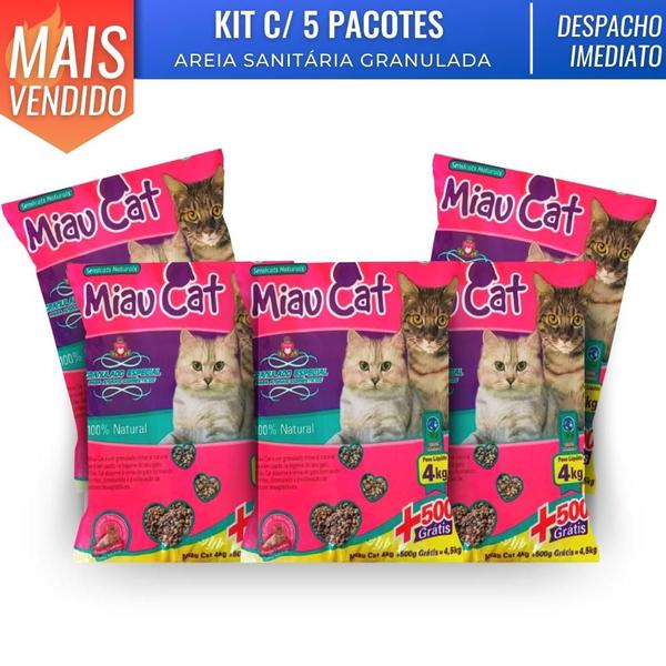 Imagem de Kit Com 5 Pacotes de Areia Sanitária Antiodor Tira Cheiro Miaucat Para Gatos Tradicional 100%Natural