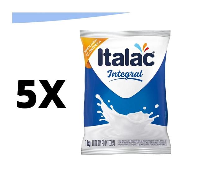 Imagem de Kit com 5 pacotes leite em pó integral italac 1kg cada pct