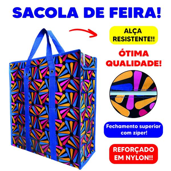 Imagem de Kit com 5 Sacola Bolsa Nylon Feira 45cm x 50cm Sacoleira Mudança com Zíper