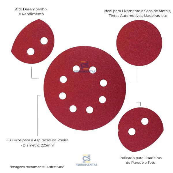 Imagem de Kit com 50 Disco de Lixa 225mm com tiras autocolantes Grão 100 8 Furos