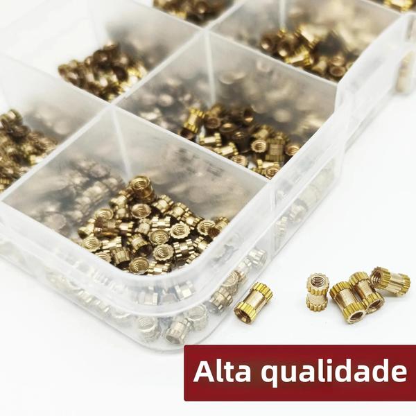 Imagem de Kit com 520 Porcas de Latão - Rosca Fêmea Métrica M2, M2.5 e M3 - Dupla Serrilhada