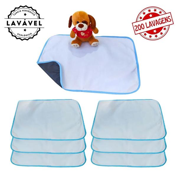 Imagem de Kit com 6 Banheiro para Cães Tecido Ecológico 70x50 Branco com borda Azul - 200 Lavagens