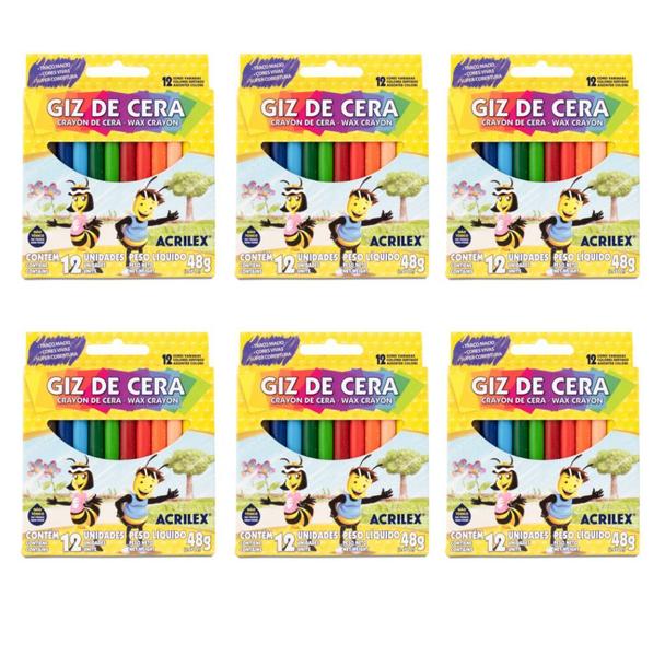 Kit Com 6 Caixas Giz De Cera Com 12 Cores Acrilex Imagem de Kit Com 6 Caixas Giz De Cera Com 12 Cores Acrilex