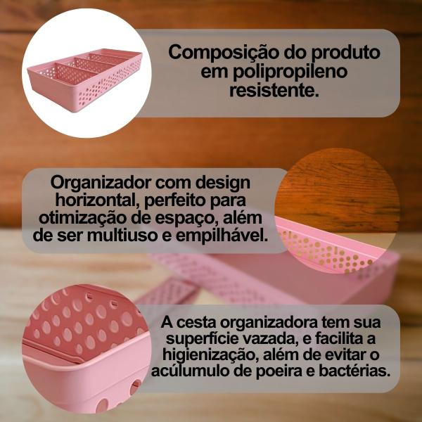 Imagem de Kit Com 6 Cestos Organizadores Prático Decorativo Vazado 3 Divisórias Multiuso