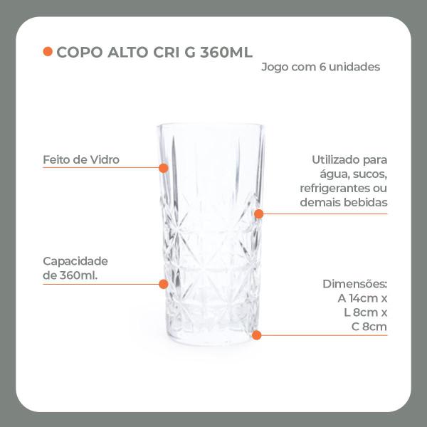 Imagem de Kit com 6 Copos de Vidro Cristal 360 ml para Agua Suco