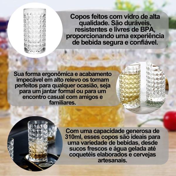 Imagem de Kit Com 6 Copos De Vidro Moderno Luxo 310ml Para Água Refrigerante Suco