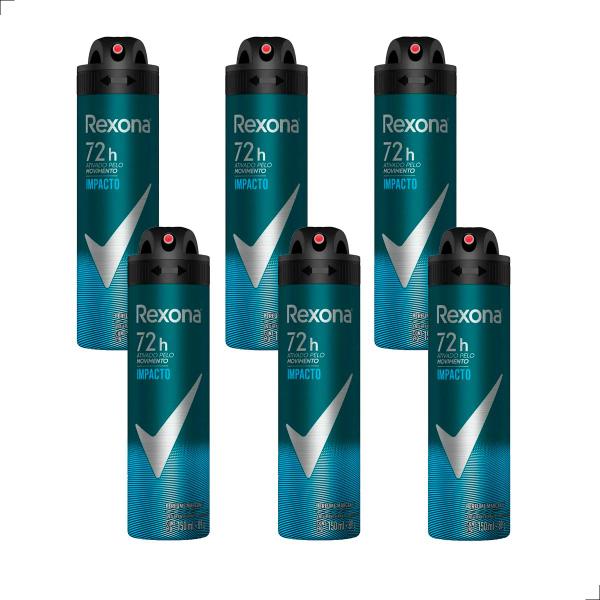 Imagem de Kit com 6 Desodorante Aerosol Spray Masculino Impacto Rexona Frescor Duradouro Proteção Contra Odores 72h 150ml