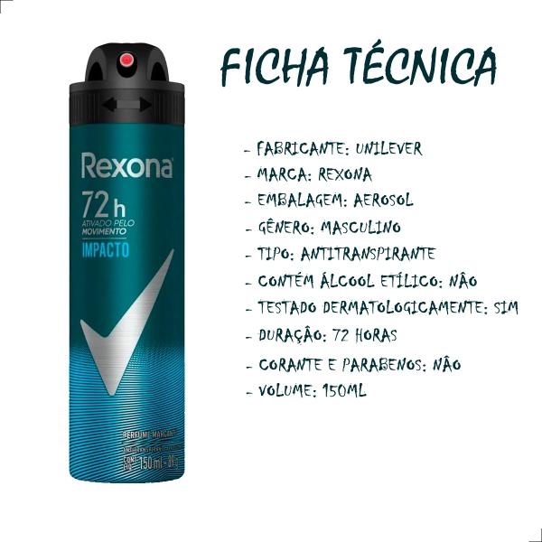 Imagem de Kit com 6 Desodorante Aerosol Spray Masculino Impacto Rexona Frescor Duradouro Proteção Contra Odores 72h 150ml