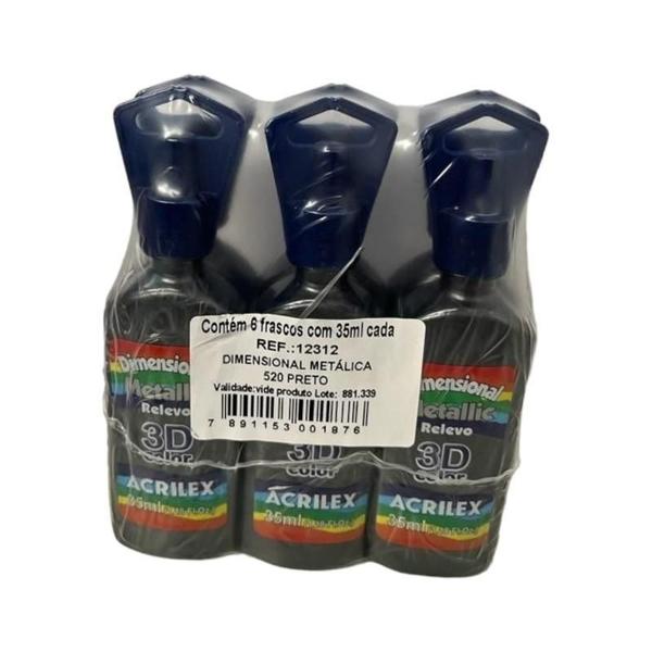 Imagem de Kit Com 6 Dimensional Metálica Preto 520 Acrilex 35Ml