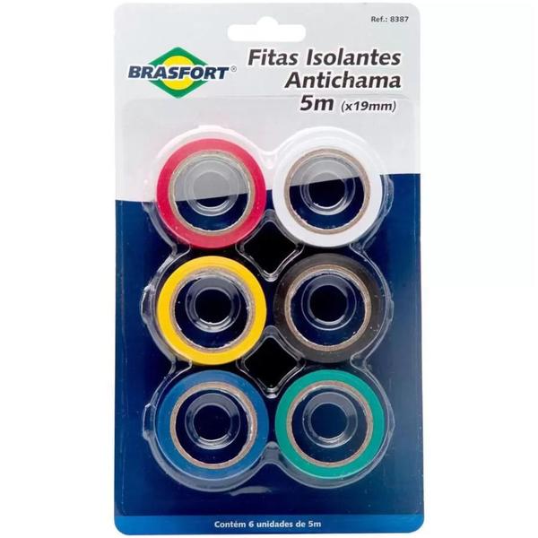 Imagem de Kit com 6 fitas isolantes 5 m x 19 mm coloridas - 8387 - Brasfort