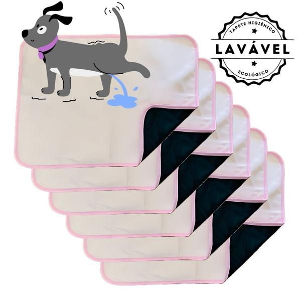 Imagem de Kit com 6 Tapetinhos Alta Absorção para Pets 70x50 Branco com borda Rosa 200 Lavagens