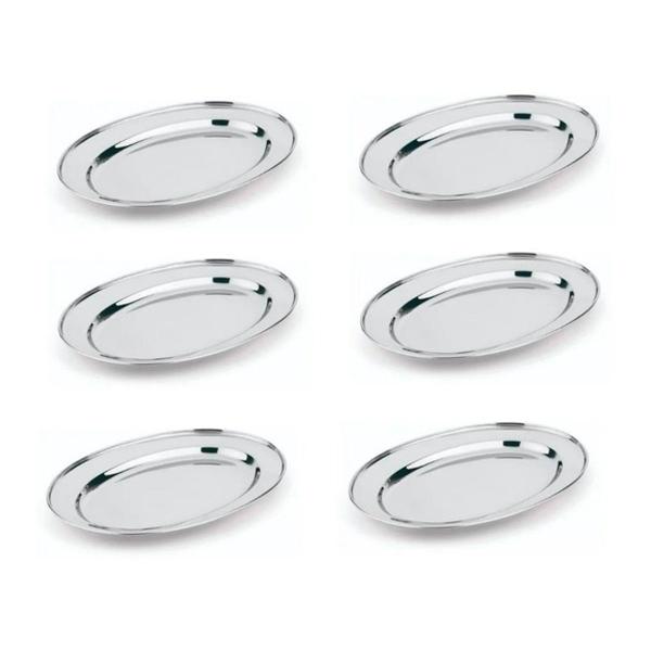 Imagem de Kit Com 6 Travessas Rasas De Inox Oval Grande 33,8cm KEHOME