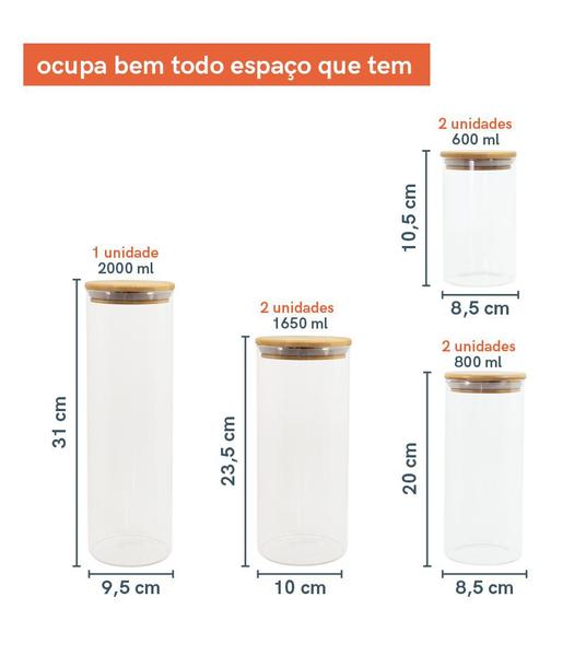 Imagem de Kit com 7 Potes de Vidro para Mantimentos com Tampa Bambu - Oikos