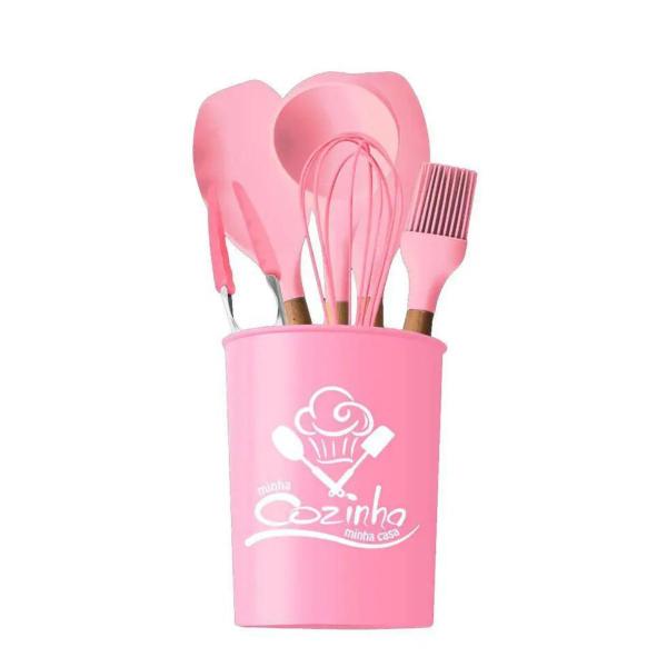 Imagem de Kit Com 7 Utensílios Cozinha Rosa Silicone Cabo Madeira 