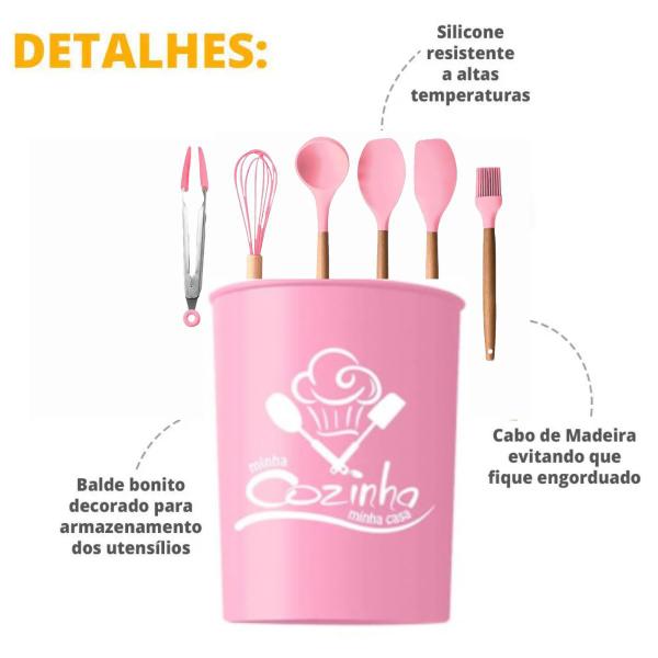 Imagem de Kit Com 7 Utensílios Cozinha Rosa Silicone Cabo Madeira 