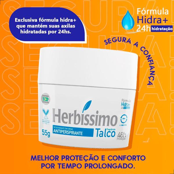 Imagem de Kit com 9 Creme Desodorante Antiperspirante Herbíssimo Talco Confiança o Dia Todo Proteção Duradoura Fragrância Suave 48H 55g