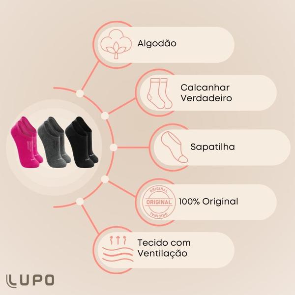 Imagem de Kit Com 9 Pares De Meia Curta Soquete Sapatilha Feminina De Algodão Lupo Esportiva Até Tamanho 40