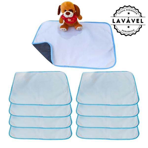 Imagem de Kit com 9 Tapetinhos Alta Absorção para Pets 70x50 Branco com borda Azul 200 Lavagens