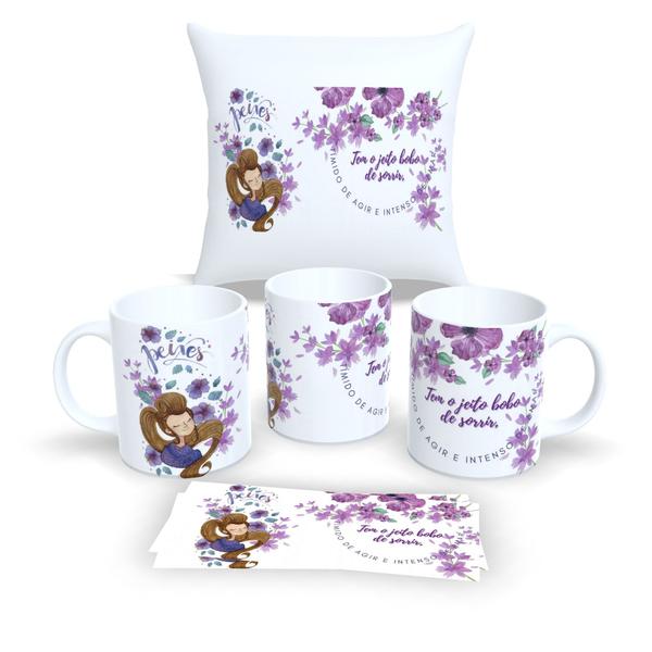 Imagem de Kit Com Almofada 30x30cm e Caneca de Porcelana Signos Peixes