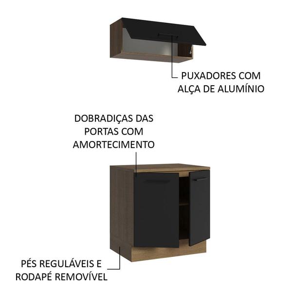 Kit com Balcão e Armário Aéreo Multiuso 80cm Rustic/Preto Agata Madesa Imagem de Kit com Balcão e Armário Aéreo Multiuso 80cm Rustic/Preto Agata Madesa