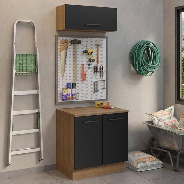 Kit com Balcão e Armário Aéreo Multiuso 80cm Rustic/Preto Agata Madesa Imagem de Kit com Balcão e Armário Aéreo Multiuso 80cm Rustic/Preto Agata Madesa