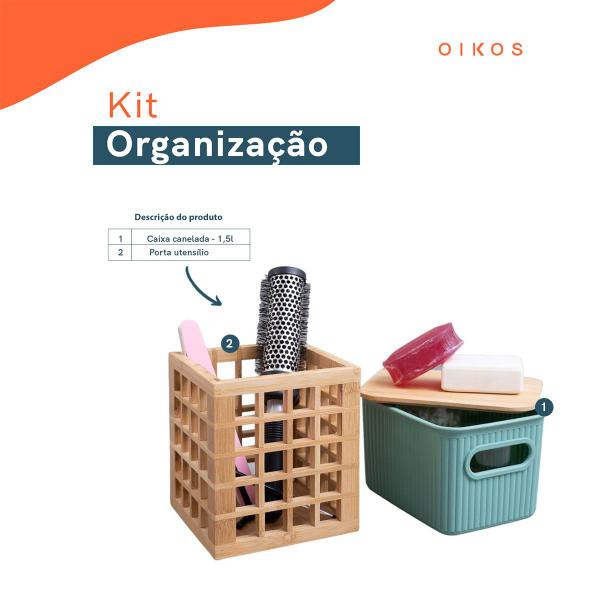 Imagem de Kit com caixa organizadora canelada com tampa de bambu 1,5l e porta utensílios de bambu - Oikos