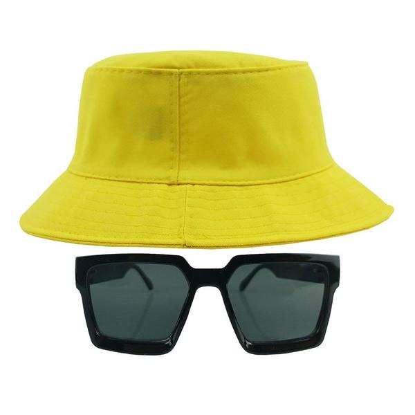 Imagem de Kit Com Chapéu Bucket, Óculos de Sol Geométrico Com Armação Quadrada Com Proteção Solar Uv400 Lente Escura Fashion MD-43