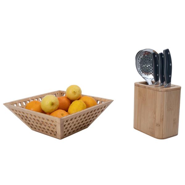 Imagem de Kit com fruteira vazada de bambu e porta facas de bambu - Oikos