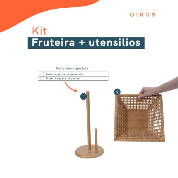 Imagem de Kit com fruteira vazada de bambu e porta papel toalha de bambu - Oikos