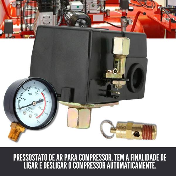 Imagem de Kit Com Pressostato 80-120 Psi 1 Via Válvula E Manômetro