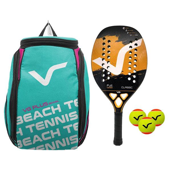 Imagem de Kit com Raquete Beach Tennis Classic Full Carbon Laranja, 3 Bolas e 1 Mochila de Transporte Vg Plus