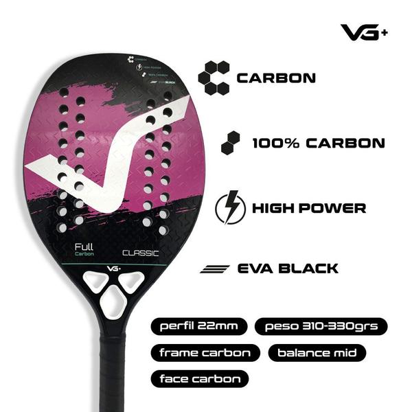 Imagem de Kit com Raquete Beach Tennis Classic Full Carbon Rosa, 3 Bolas e 1 Mochila de Transporte VG Plus