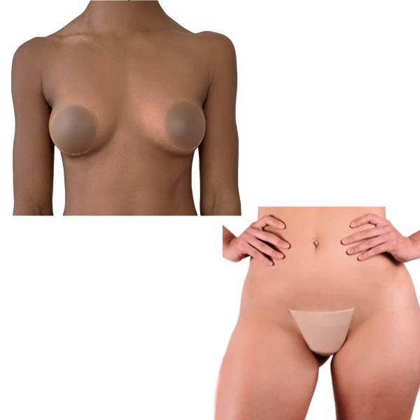 Imagem de Kit com Tapa-Sexo Adesivo Feminino Descartável mais Protetor de Mamilos Reutilizável Marrom Escuro