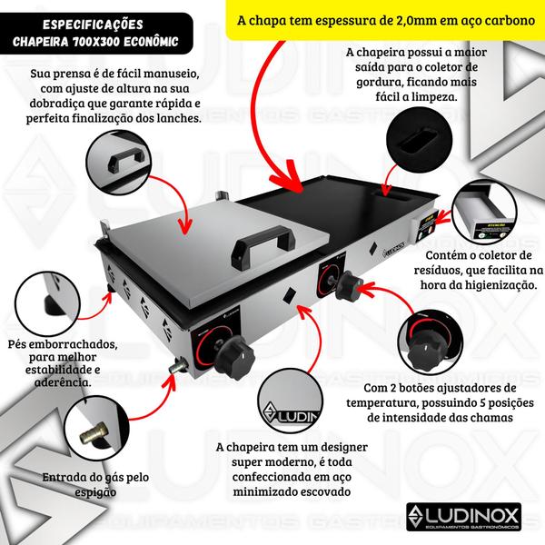 Imagem de Kit combo lanchonete  chapa 70x30 com prensa + fritadeira 2 cubas inox 5l