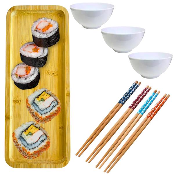 Imagem de Kit Comida Japonesa Oriental Kit Hashi Japonês Petisqueira de Bambu e Porta Molho