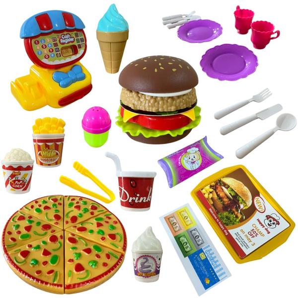 Imagem de Kit Comidinha Pizza Hamburguer Brinquedo Infantil Fastfood 27pcs Meninas crianças rosa