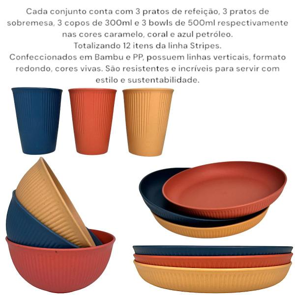 Kit Completo Bambu PP Pratos Bowl Copo Colorido Stripes Lyor Imagem de Kit Completo Bambu PP Pratos Bowl Copo Colorido Stripes Lyor