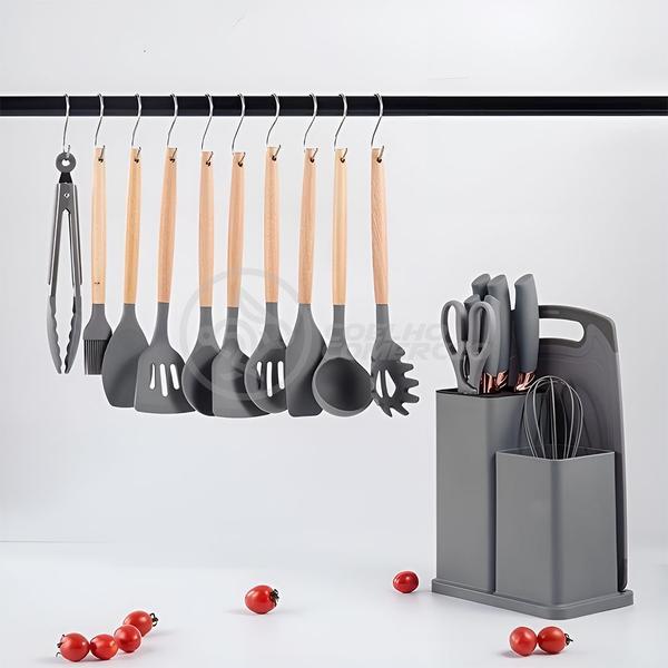 Imagem de Kit Completo de Cozinha 19 Utensílios com Cabo de Madeira e Silicone Tábua de Corte Inclusa - Cinza