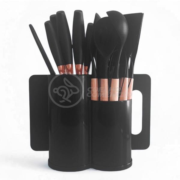 Imagem de Kit Completo de Cozinha 19 Utensílios de Silicone e Madeira com Porta Talheres Oval - Preto