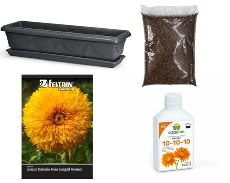 Imagem de Kit Completo - Jardineira + Substrato Terra Vegetal + Semente Girassol + Fertilizante