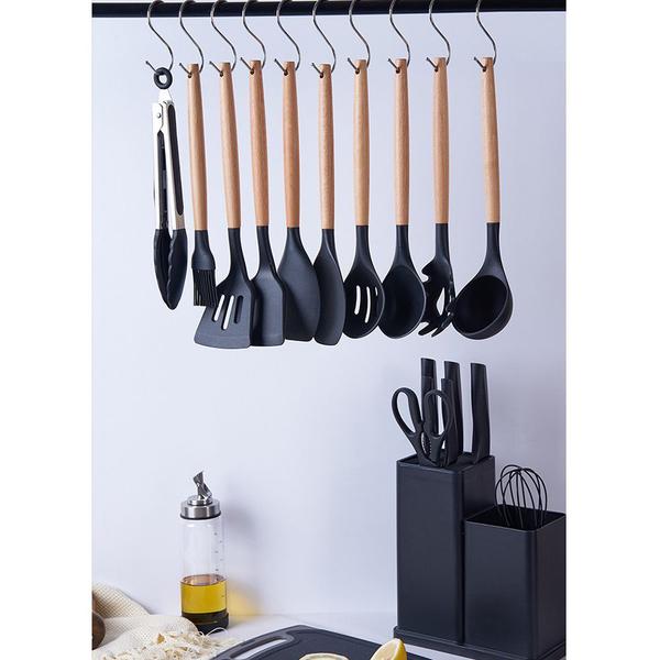 Imagem de Kit Completo Jogo Utensílios de Cozinha 19 Peças Com Tábua em Silicone Espátula Faca Tesoura