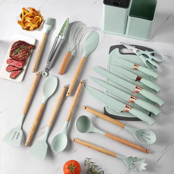 Imagem de Kit Completo Jogo Utensílios de Cozinha Luxo 19 Peças Com Tábua em Silicone Espátula Faca Tesoura