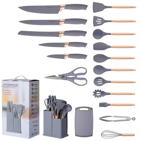 Imagem de Kit Completo Jogo Utensílios de Cozinha Luxo 19 Peças Com Tábua em Silicone Espátula Faca Tesoura