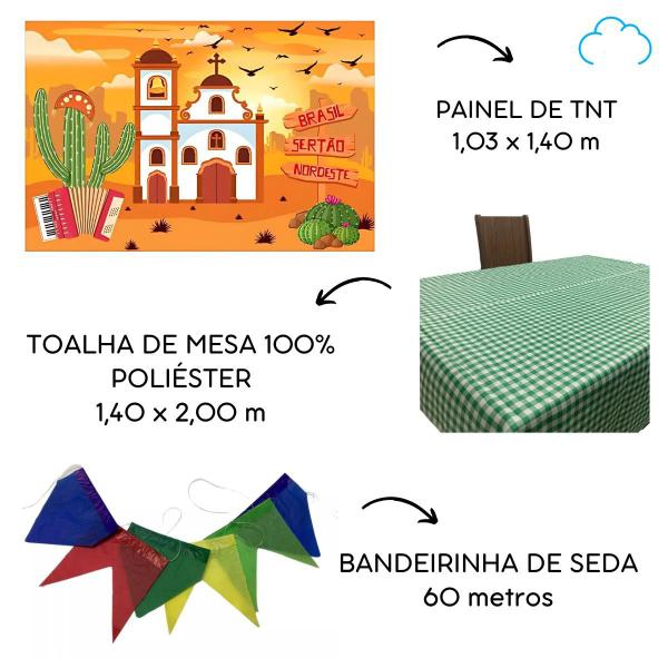 Imagem de Kit completo junino painel TNT + toalha de mesa + 60m bandeirinha