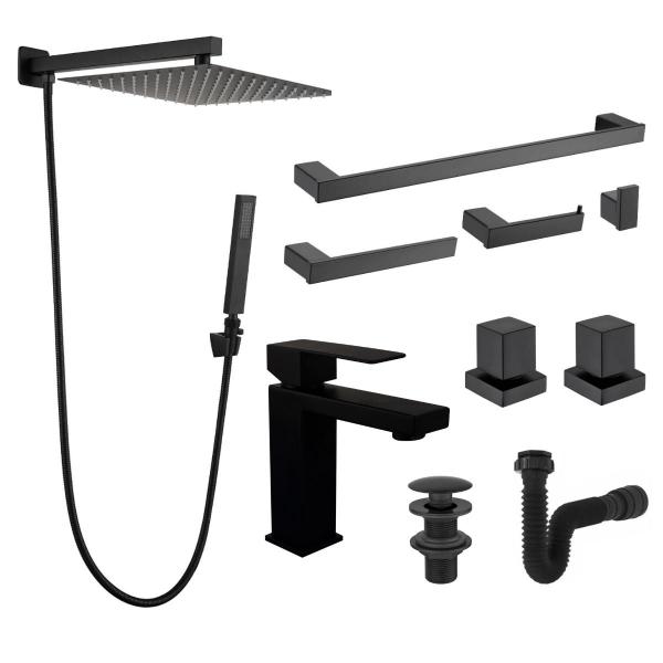 Imagem de Kit Completo para Banheiro Acessórios Ducha Chuveiro Lavatório Luxo Preto WJ-1013-BL Premium