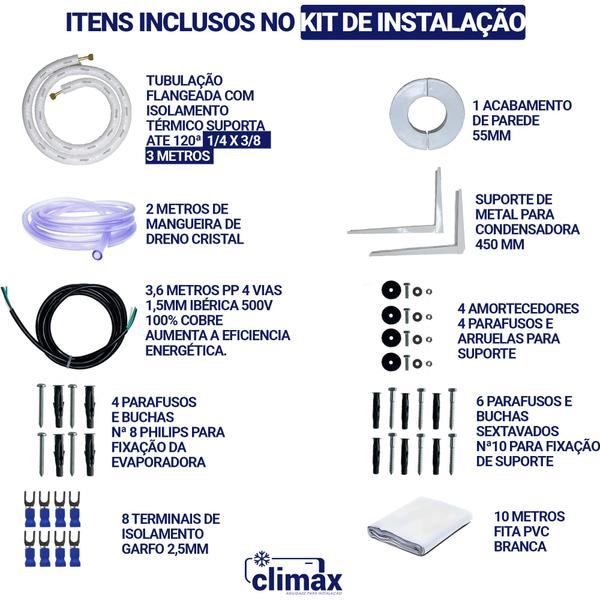 Kit Completo Para Instalação Ar-Condicionado Split 12000 BTUs Agratto Só Frio ACST12F 1/4 x 3/8 3 Metros C/ Suporte - Climax Imagem de Kit Completo Para Instalação Ar-Condicionado Split 12000 BTUs Agratto Só Frio ACST12F 1/4 x 3/8 3 Metros C/ Suporte
